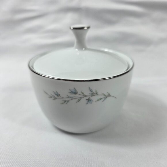 Noritake Tilford Sugar Bowl and Lid White with Blue Flowers & Green Leaves - Picture 1 of 15